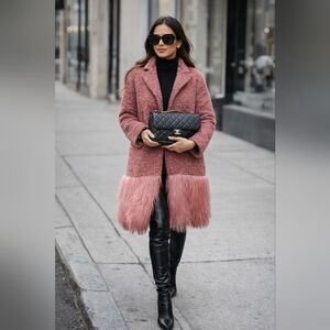 Pink Sherpa Teddy Faux Fur Hem Trench Coat S/M